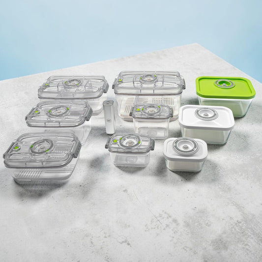 Bundle completo EvoFresh Starter Trio con contenitori in vetro e Tritan e pompa elettrica USB