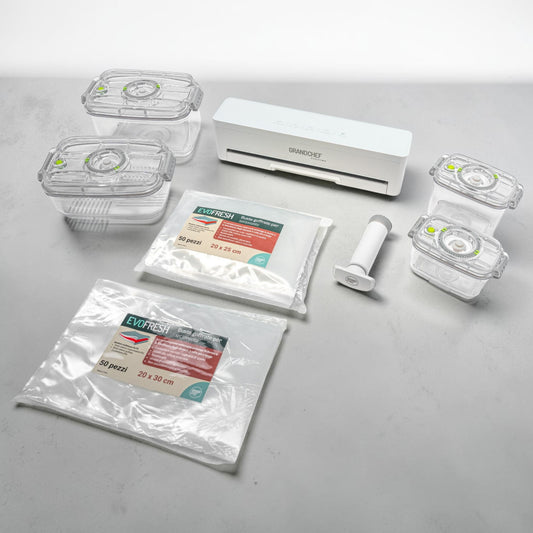 EvoFresh Starter Tritan Small con macchina sottovuoto automatica, contenitori Tritan e buste goffrate