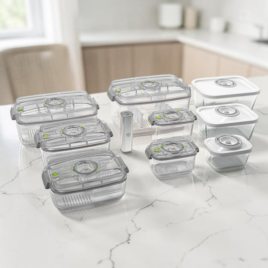EvoFresh Starter Trio Contenitori con set sottovuoto in vetro, Tritan Small, Tritan XL e pompa elettrica