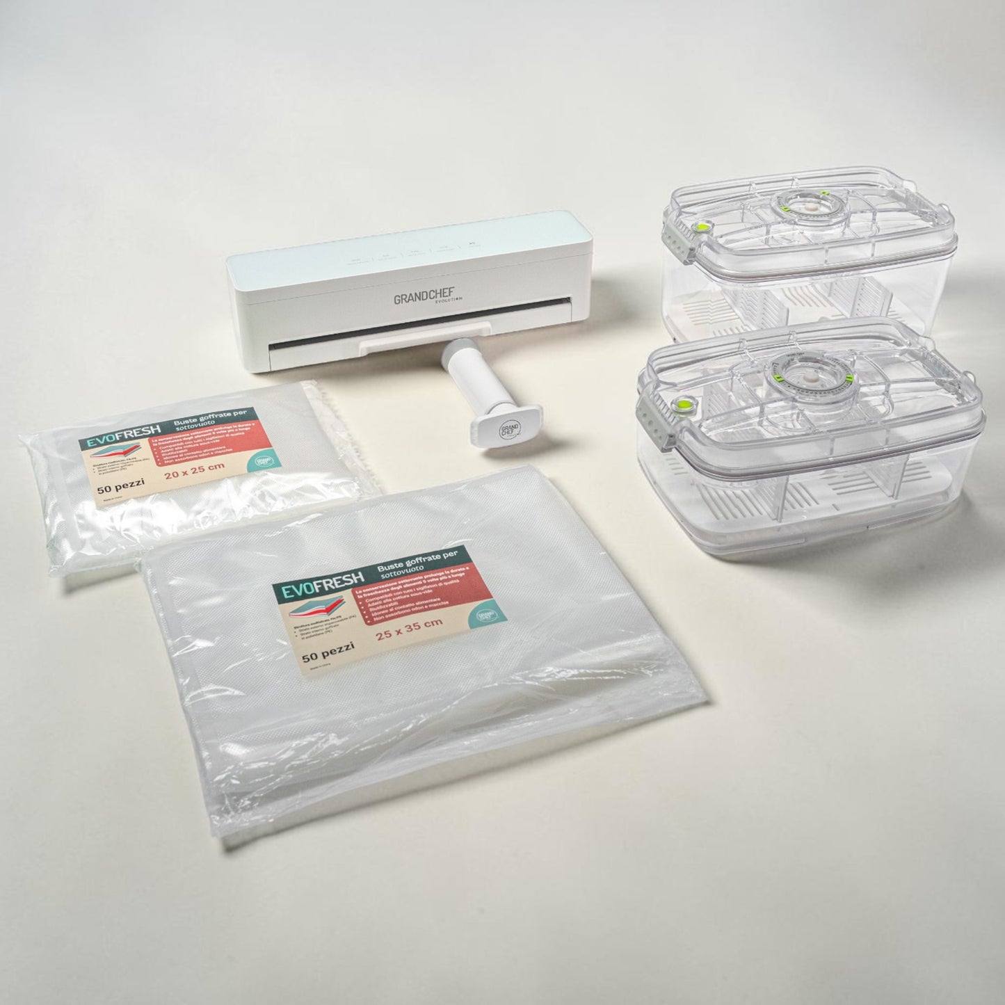 Bundle EvoFresh Starter Tritan Large con buste sottovuoto goffrate 25x35 cm in omaggio