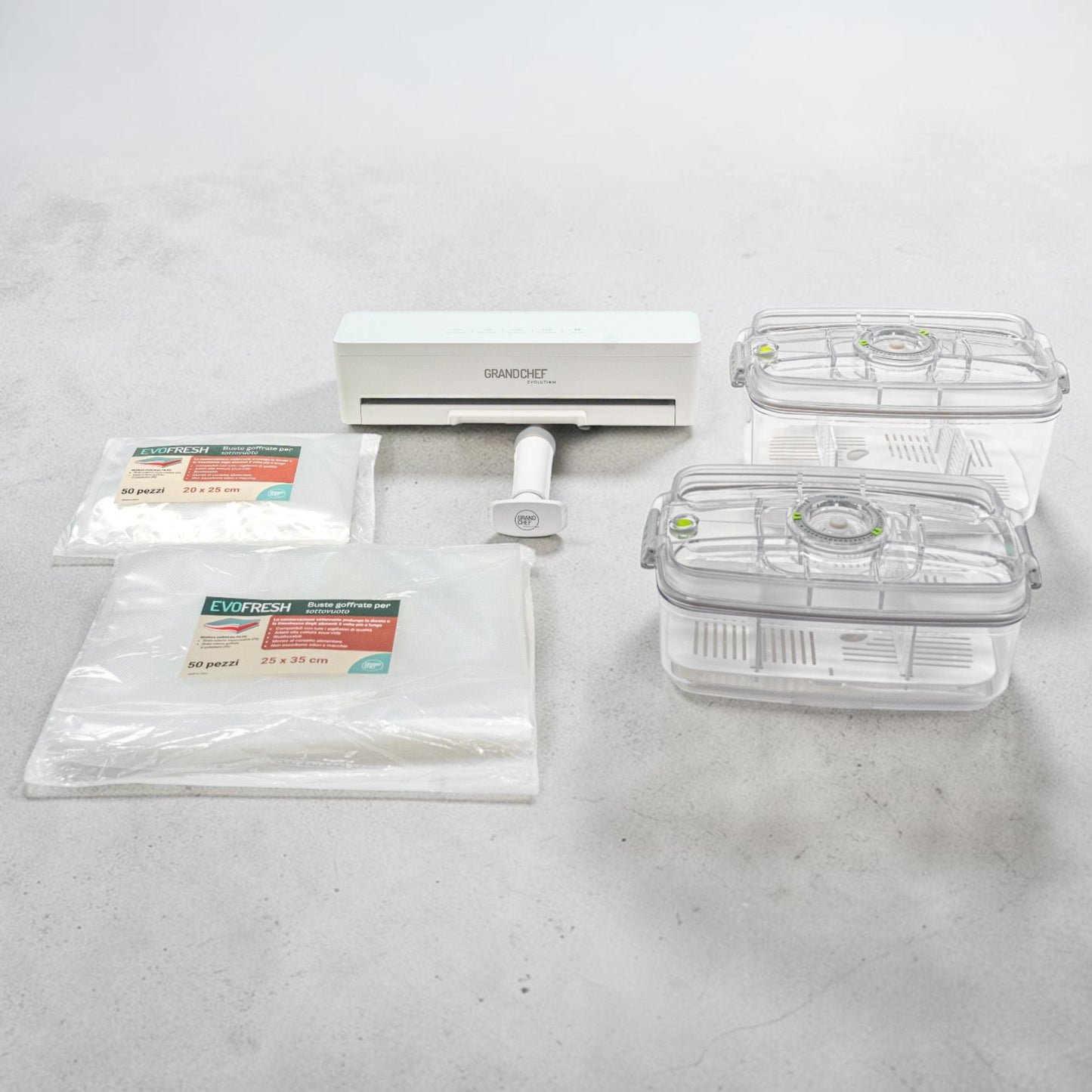 Set completo EvoFresh Starter Tritan Large con macchina sottovuoto, contenitori Tritan XL, pompa elettrica e buste