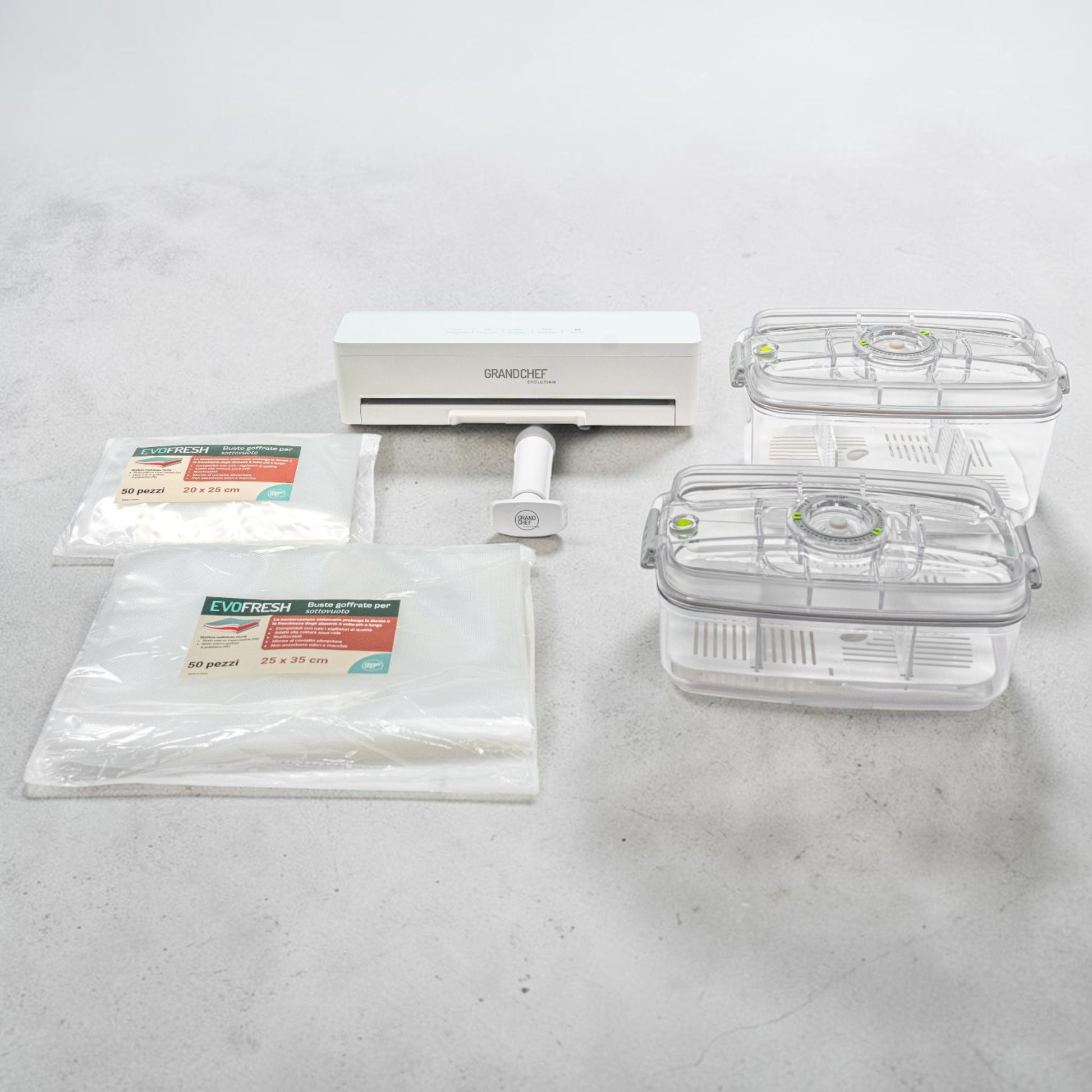 Set completo EvoFresh Starter Tritan Large con macchina sottovuoto, contenitori Tritan XL, pompa elettrica e buste