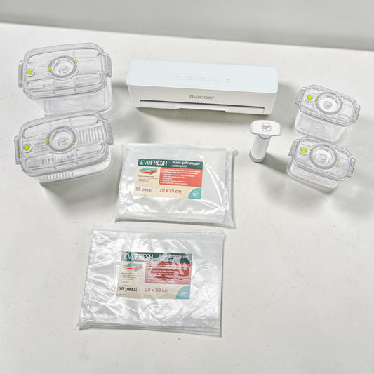 Set completo EvoFresh Starter Tritan Small con macchina sottovuoto, contenitori Tritan, pompa elettrica e buste