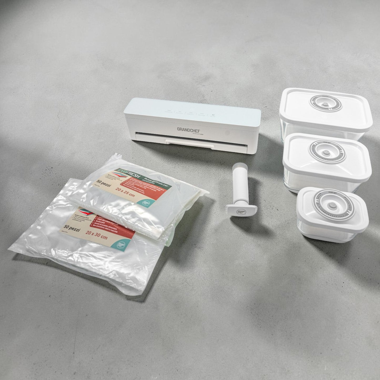 EvoFresh Starter Vetro bundle con macchina sottovuoto automatica, contenitori in vetro e buste goffrate