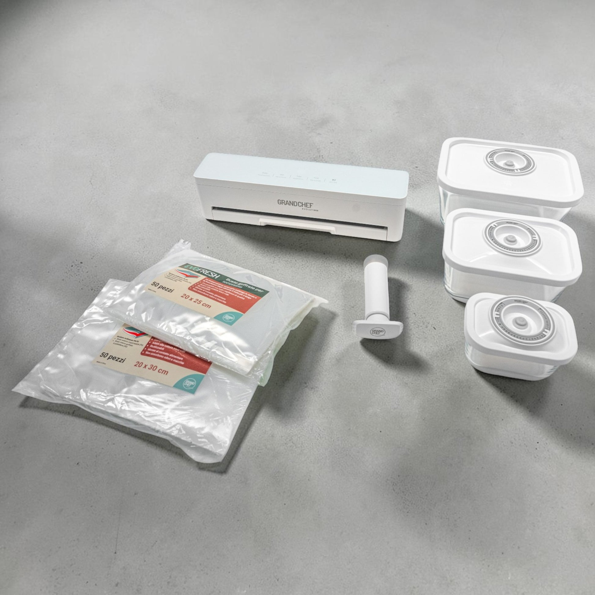 EvoFresh Starter Vetro bundle con macchina sottovuoto automatica, contenitori in vetro e buste goffrate