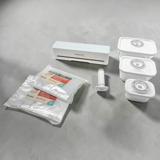 EvoFresh Starter Vetro bundle con macchina sottovuoto automatica, contenitori in vetro e buste goffrate